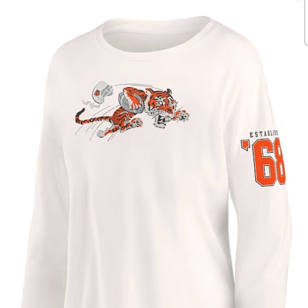 Large White and Orange Bengals Graphic Womens Long Sleeve Tee 1968